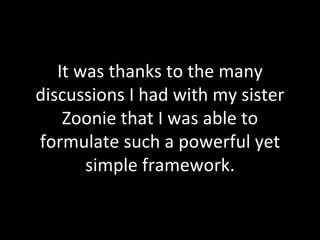It was thanks to the many discussions I had with my sister Zoonie that I was able to formulate such a powerful yet simple framework. 