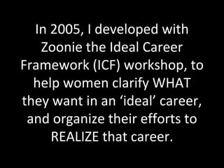 In 2005, I developed with Zoonie the Ideal Career Framework (ICF) workshop, to help women clarify WHAT they want in an ‘ideal’ career, and organize their efforts to REALIZE that career. 