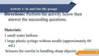 Activity 1: In and Out (By group)
Directions: Perform the activity below then
answer the succeeding questions.
Materials:
1 small water balloon
1 large plastic syringe without needle (approximately 60
mL)
Scissors (be careful in handling sharp objects) 29
 