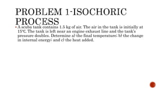 A scuba tank contains 1.5 kg of air. The air in the tank is initially at
15℃. The tank is left near an engine exhaust line and the tank’s
pressure doubles. Determine a) the final temperature; b) the change
in internal energy; and c) the heat added.
 