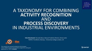 A TAXONOMY FOR COMBINING
ACTIVITY RECOGNITION
AND
PROCESS DISCOVERY
IN INDUSTRIAL ENVIRONMENTS
Felix Mannhardt, Riccardo Bovo, Manuel Fradinho Oliveira, Simon Julier
1SINTEF, Trondheim, Norway , 2University College London, UK
This research has received funding from the European
Unions H2020 research and innovation programme under grant
agreement no. 723737 (HUMAN).
 