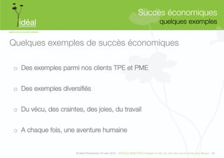 Succès économiques"
                                                                                             quelques exemples
                                                                                                             


Quelques exemples de succès économiques

o  Des exemples parmi nos clients TPE et PME


o  Des exemples diversiﬁés          


o  Du vécu, des craintes, des joies, du travail


o  A chaque fois, une aventure humaine


                       © Idéal Productions 19 mars 2012 - GOOGLE ANALYTICS Analyser le traﬁc de votre site pour le rendre plus efﬁcace - 33  
 