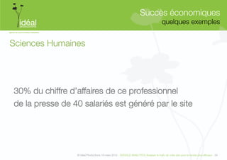 Succès économiques"
                                                                                        quelques exemples
                                                                                                        


Sciences Humaines 




30% du chiffre d’affaires de ce professionnel 
de la presse de 40 salariés est généré par le site         




                  © Idéal Productions 19 mars 2012 - GOOGLE ANALYTICS Analyser le traﬁc de votre site pour le rendre plus efﬁcace - 34  
 