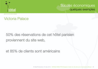 Succès économiques"
                                                                                         quelques exemples
                                                                                                         


Victoria Palace



 50% des réservations de cet hôtel parisien 
 proviennent du site web, 

 et 85% de clients sont américains



                   © Idéal Productions 19 mars 2012 - GOOGLE ANALYTICS Analyser le traﬁc de votre site pour le rendre plus efﬁcace - 36  
 