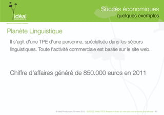 Succès économiques"
                                                                                             quelques exemples
                                                                                                             


Planète Linguistique
 Il s’agit d’une TPE d’une personne, spécialisée dans les séjours 
 linguistiques. Toute l’activité commerciale est basée sur le site web.



 Chiffre d’affaires généré de 850.000 euros en 2011




                       © Idéal Productions 19 mars 2012 - GOOGLE ANALYTICS Analyser le traﬁc de votre site pour le rendre plus efﬁcace - 40  
 
