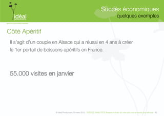 Succès économiques"
                                                                                              quelques exemples
                                                                                                              


Côté Apéritif
 Il s’agit d’un couple en Alsace qui a réussi en 4 ans à créer 
 le 1er portail de boissons apéritifs en France. 



 55.000 visites en janvier




                        © Idéal Productions 19 mars 2012 - GOOGLE ANALYTICS Analyser le traﬁc de votre site pour le rendre plus efﬁcace - 42  
 