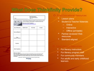 Free Educational Resources Lesson plans Student & Teacher Materials Online Interactive Offline (printable) Partner-reviewed Web resources Standard-aligned Free Literacy Resources For literacy instructors For literacy program staff For community members  For adults and early childhood learners 