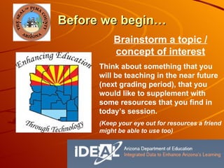 Before we begin… Brainstorm a topic / concept of interest Think about something that you will be teaching in the near future (next grading period), that you would like to supplement with some resources that you find in today’s session.  (Keep your eye out for resources a friend might be able to use too) 