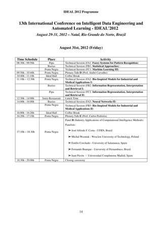 IDEAL 2012 Programme


 13th International Conference on Intelligent Data Engineering and
                  Automated Learning - IDEAL'2012
                  August 29-31, 2012 – Natal, Rio Grande do Norte, Brazil


                                     August 31st, 2012 (Friday)


Time Schedule            Place                                          Activity
08:30h - 09:50h            Pipa         Technical Session (FA1: Fuzzy Systems for Pattern Recognition)
                          Buzius        Technical Session (FB1: Statistical Approaches)
                       Ponta Negra      Technical Session (FC1: Machine Learning III)
09:50h - 10:40h        Ponta Negra      Plenary Talk D (Prof. André Carvalho)
10:40h - 11:10h         Ideal Hall      Coffee Break
11:10h – 12:30h        Ponta Negra      Technical Session (FA2: Bio-Inspired Models for Industrial and
                                        Medical Applications I)
                         Buzius         Technical Session (FB2: Information Representation, Interpretation
                                        and Retrieval I)
                          Pipa          Technical Session (FC2: Information Representation, Interpretation
                                        and Retrieval II)
12:30h - 14:00h      Imira Restaurant   Lunch Time
14:00h - 16:00h           Buzius        Technical Session (FA3: Neural Networks II)
                       Ponta Negra      Technical Session (FB3: Bio-Inspired Models for Industrial and
                                        Medical Applications II)
16:00h - 16:20h         Ideal Hall      Coffee Break
16:20h - 17:10h        Ponta Negra      Plenary Talk E (Prof. Carlos Pedreira)
                                        Panel B (Industry Applications of Computational Intelligence Methods)
                                        Panelists:

                                              José Alfredo F. Costa - UFRN, Brazil
17:10h – 18:30h        Ponta Negra        ➢



                                          ➢   Michal Wozniak - Wroclaw University of Technology, Poland

                                          ➢   Emilio Corchado - University of Salamanca, Spain

                                          ➢
                                          ➢
                                          ➢
                                          ➢   Fernando Buarque - University of Pernambuco, Brazil

                                          ➢   Juan Pavón   ‐   Universidad Complutense Madrid, Spain
18:30h - 20:00h        Ponta Negra      Closing ceremony




                                                     14
 