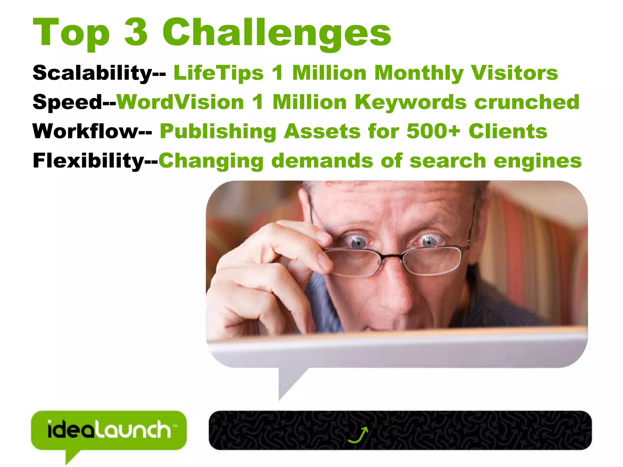 Top 3 Challenges Scalability-- LifeTips 1 Million Monthly Visitors Speed-- WordVision 1 Million Keywords crunched Workflow-- Publishing Assets for 500+ Clients Flexibility-- Changing demands of search engines