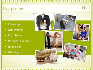 Pay-per-use


  Concierge
  Dog Walker
  Cozinheira
  Personal Trainner
  Baby Siter
  Massagista
 