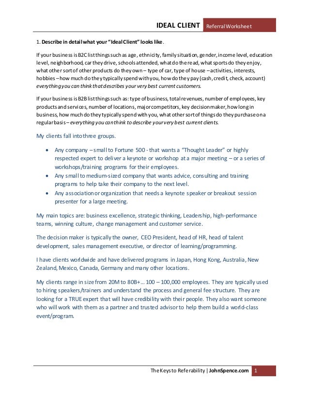 Ideal Client Referral Worksheet - EXAMPLE
