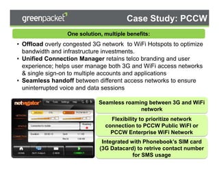 Case Study: PCCW
                                     One solution, multiple benefits:
• Offload overly congested 3G network to WiFi Hotspots to optimize
  bandwidth and infrastructure investments.
• Unified Connection Manager retains telco branding and user
  experience; helps user manage both 3G and WiFi access networks
  & single sign-on to multiple accounts and applications
• Seamless handoff between different access networks to ensure
  uninterrupted voice and data sessions

                                                         Seamless roaming between 3G and WiFi
                                                                       network
                                                              Flexibility to prioritize network
                                                            connection to PCCW Public WiFI or
                                                              PCCW Enterprise WiFi Network
                                                               Integrated with Phonebook’s SIM card
                                                             (3G Datacard) to retrive contact number
                                                                                                6
 Copyright© 2008 Green Packet. All rights reserved.
                                                      Private and Confidential for SMS usage       6
 