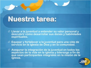 Llevar a la juventud a entender su valor personal y
descubrir cómo desarrollar sus dones y habilidades
espirituales.
Equipar y fortalecer a la juventud para una vida de
servicio en la iglesia de Dios y en la comunidad.
Asegurar la integración de la juventud en todos los
aspectos de la vida en la iglesia y liderazgo a fin de
que sean participantes integrales en la misión de la
iglesia.
 