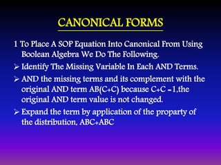 CANONICAL FORMS 
1 To Place A SOP Equation Into Canonical From Using 
Boolean Algebra We Do The Following. 
 Identify The Missing Variable In Each AND Terms. 
 AND the missing terms and its complement with the 
original AND term AB(C+C) because C+C =1,the 
original AND term value is not changed. 
 Expand the term by application of the proparty of 
the distribution, ABC+ABC 
 