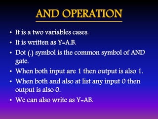 AND OPERATION 
• It is a two variables cases. 
• It is written as Y=A.B. 
• Dot (.) symbol is the common symbol of AND 
gate. 
• When both input are 1 then output is also 1. 
• When both and also at list any input 0 then 
output is also 0. 
• We can also write as Y=AB. 
 