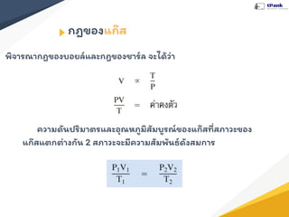 พิจารณากฎของบอยล์และกฎของชาร์ล จะได้ว่า
กฎของแก๊ส
ความดันปริมาตรและอุณหภูมิสัมบูรณ์ของแก๊สที่สภาวะของ
แก๊สแตกต่างกัน 2 สภาวะจะมีความสัมพันธ์ดังสมการ
 