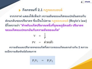 กิจกรรมที่ 2.1 กฎของบอยล์
จากกราฟ แสดงให้เห็นว่า ความดันของแก๊สจะแปรผันตรงกับ
ส่วนกลับของปริมาตร ซึ่งเป็นไปตาม กฎของบอยล์ (Boyle’s law)
มีใจความว่า “สําหรับแก๊สปริมาณหนึ่งที่อุณหภูมิคงตัว ปริมาตร
ของแก๊สจะแปรผกผันกับความดันของแก๊ส”
ความดันและปริมาตรของแก๊สที่สภาวะของแก๊สแตกต่างกัน 2 สภาวะ
จะมีความสัมพันธ์ดังสมการ
 