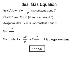 Boyle’s law:  V a        (at constant n and T) Va nT nT nT P P P V = constant x  = R 1 P Ideal Gas Equation Charles’ law:  VaT(at constant n and P) Avogadro’s law:  V a  n(at constant P and T) R is the gas constant PV = nRT 