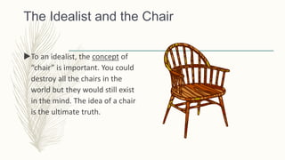 The Idealist and the Chair
To an idealist, the concept of
“chair” is important. You could
destroy all the chairs in the
world but they would still exist
in the mind. The idea of a chair
is the ultimate truth.
 
