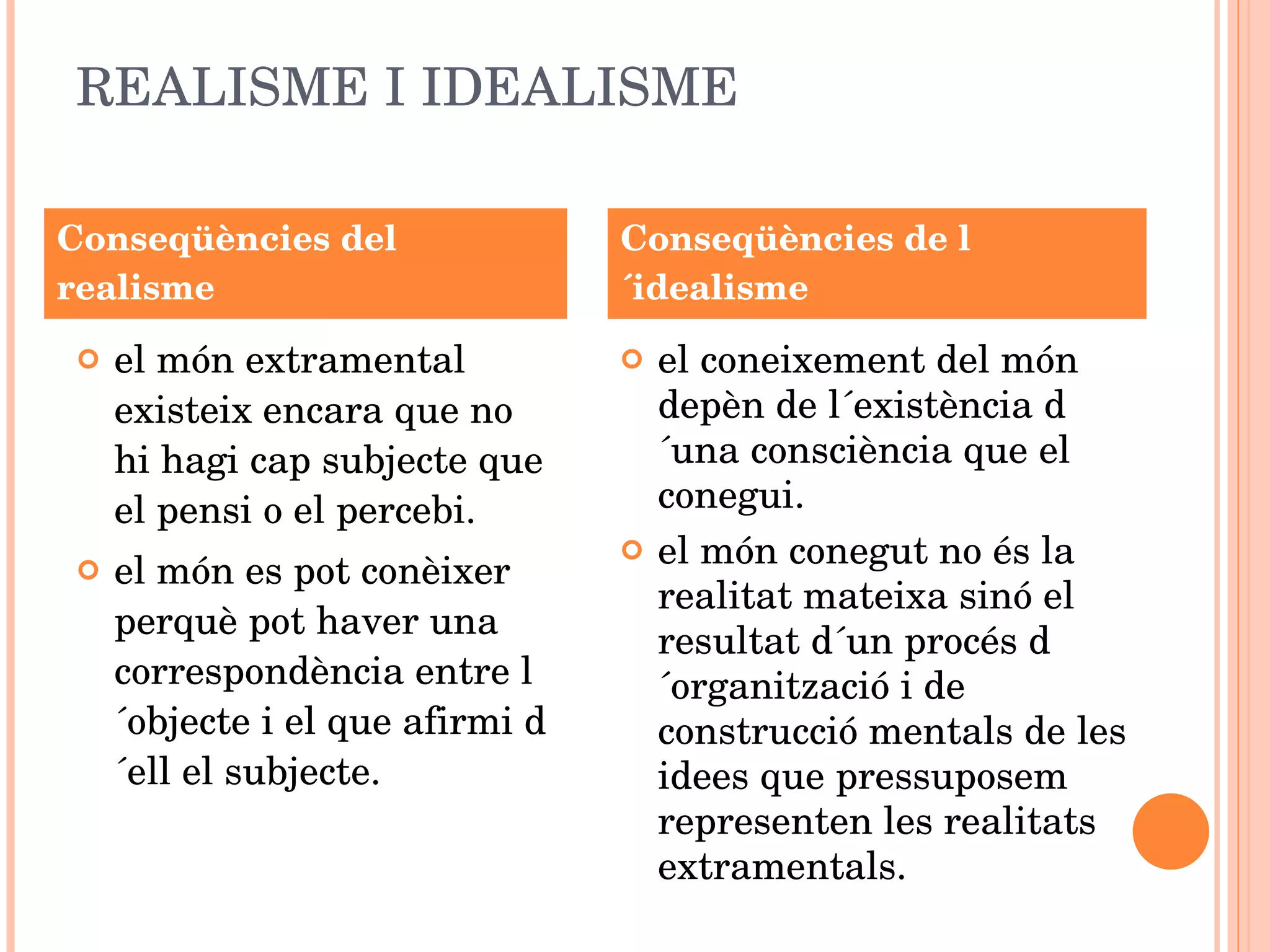 REALISME I IDEALISME el món extramental existeix encara que no hi hagi cap subjecte que el pensi o el percebi. el món es pot conèixer  perquè pot haver una correspondència entre l´objecte i el que afirmi d´ell el subjecte. el coneixement del món depèn de l´existència d´una consciència que el conegui. el món conegut no és la realitat mateixa sinó el resultat d´un procés d´organització i de construcció mentals de les idees que pressuposem representen les realitats extramentals.  Conseqüències del realisme Conseqüències de l´idealisme 