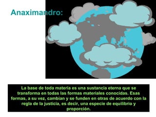 L a base de toda materia es una sustancia eterna que se transforma en todas las formas materiales conocidas. Esas formas, a su vez, cambian y se funden en otras de acuerdo con la regla de la justicia, es decir, una especie de equilibrio y proporción. Anaximandro : 