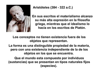 Los conceptos no tienen existencia fuera de los objetos que representan.  La forma es una distinguible propiedad de la materia, pero con una existencia independiente de la de los objetos en los que se encuentra.  Que el mundo esta compuesto por individuos (sustancias) que se presentan en tipos naturales fijos (especies).   Aristóteles (384 - 322 a.C.) En sus escritos el materialismo alcanzo su más alta expresión en la filosofía griega, mientras que el idealismo lo hacia en los escritos de Platón.   