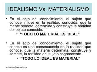 IDEALISMO Vs. MATERIALISMO En el acto del conocimiento, el sujeto que conoce influye en la realidad conocida, que la mente somete, determina y construye la realidad del objeto conocido. “ TODO LO MATERIAL ES IDEAL”  En el acto del conocimiento, el sujeto que conoce es una consecuencia de la realidad que conoce, que la materia determina, construye y somete, la realidad del sujeto cognoscente.  “ TODO LO IDEAL ES MATERIAL” [email_address] 