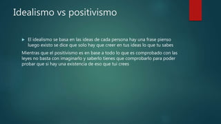 Idealismo vs positivismo
 El idealismo se basa en las ideas de cada persona hay una frase pienso
luego existo se dice que solo hay que creer en tus ideas lo que tu sabes
Mientras que el positivismo es en base a todo lo que es comprobado con las
leyes no basta con imaginarlo y saberlo tienes que comprobarlo para poder
probar que si hay una existencia de eso que tui crees
 