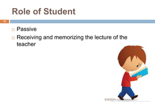 Role of Student
 Passive
 Receiving and memorizing the lecture of the
teacher
19
6/9/2021
 