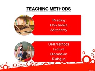 Reading
Holy books
Astronomy
Oral methods
Lecture
Discussion
Dialogue
 