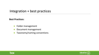 Integration + best practices
Best Practices:
● Folder management
● Document management
● Taxonomy/naming conventions
 