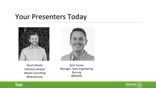 Your Presenters Today
Brent Shively
Solutions Analyst
Idealist Consulting
@idealistcons
Zach Turner
Manager, Sales Engineering
Box.org
@BoxHQ
 