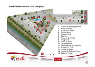 Ideal é viver com um lazer completo.


                                                                                                       1

                       5             4               7                                             2
                                                                                3                      1
                                             6            11
                                12
                                         8               10    1.    Guarita de acesso pedestres
                           13
                                                               2.    Acesso veículos
                                14               9             3.    Portaria Ed. Safira
                                                               4.    Piscina Adulto
                                         15
                                                               5.    Piscina Infantil
                                                               6.    Solarium
                                                               7.    Praça do Bem Estar
                                                               8.    Playground
                                                               9.    Praça de Jogos
                                                               10.   Churrasqueiras
                                                               11.   Streetball com arquibancada
                                                               12.   Portaria Ed. Ônix
                                                               13.   Lounge de Jogos
                                                               14.   Lounge do Salão de Festas
                                                               15.   Salão de Festas
 