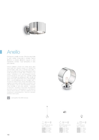 ø 150 340/1350 mm
max 1 x 40W G9
ø 150 190 mm
max 1 x 40W G9
015309 SP1 Bianco
015316 SP1 Cromo
016771 SP1 Nero
016788 SP1 Rosso
009353 TL1 Bianco
009346 TL1 Cromo
023526 TL1 Nero
009339 TL1 Rosso
150 195 100 mm
max 1 x 40W G9
028361 AP1 Bianco
028323 AP1 Cromo
039916 AP1 Nero
013947 AP1 Rosso
142
Diffuser available in frosted and overlay blown glass
white inside and coloured outside or in transfert and
chromed glass. Bulb cover in satinized pyrex glass. /
Monture en métal chromé. Diffuseur disponible en verre
soufflé enchemisé et acidifié, blanc à l'intérieur et de
couleur à l'extérieur ou en verre transparent chromé.
Couvre ampoule en verre pyrex mat. / Gestell in Metall
chrom. Lichtverteiler aus geblasenem Glas, umhüllt und
geätzt, innen weiß, außen farbig oder in Transparentglas
chrom. Leuchtmittelabdeckung aus Pirexglas satin. /
Armazón en metal cromado. Difusor disponible en vidrio
soplado encamisado y al ácido, blanco en el interior y de
color al exterior o bien en vidrio transparente cromado.
Cubre bombilla en vidrio pirex satinado. / Арматура
из металла с хромовым покрытием. Рассеиватель
доступен из дутого облицованного и окислённого
стекла, белого внутри и цветного снаружи или же
прозрачного хромированного. Лампочку скрывает
матовое стекло pyrex.
Montatura in metallo cromato. Diffusore disponibile
in vetro soffiato incamiciato e acidato, bianco
all'interno e colorato all'esterno oppure in vetro
trasparente cromato. Copri lampadina in vetro
pirex satinato.
Anello
Lampadine G9 28W incluse.
 