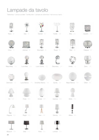 24
Table lamps / Lampes de table / Tischleuchten / Lámpara de sobremesa / Настольные лампы
Lampade da tavolo
Neve 46
Orion 76 Admiral 82 Moonlight 84 Royal 86 Rain 88 Calypso 96
Dea 50 Quadro 192Alba 240Garden 60 Faville 186
Kinder 557 Istanbul 558 Birillo 559
Pagoda 522 Regol 530 Eternity 562 Alfiere 564York 536
K2 548 Prato 555
Mapa Max 118 Anello 142Luce Max 120 Luce Cromo 122 Discovery 124 Zeno 126
Diamond 172 Luce Bianco 176 Candy 182 Mapa Bianco 184 Oliver 561Smarties Bianco 180
Dido 212 Paris 222 London 224Missouri 226
 