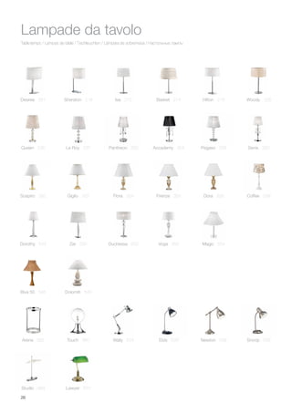 26
Table lamps / Lampes de table / Tischleuchten / Lámpara de sobremesa / Настольные лампы
Lampade da tavolo
Elvis 528 Newton 538 Snoop 556Touch 560Arena 565 Wally 524
Coffee 338
Le Roy 237 Pantheon 252 Accademy 254 Pegaso 256 Senix 260Queen 236
Sospiro 320 Giglio 322 Flora 324 Firenze 326 Dora 328
Dorothy 544 Zar 550 Duchessa 552 Voga 553 Magic 554
Biva 50 546 Dolomiti 549
Studio 569 Lawyer 570
Isa 210 Basket 214Sheraton 216 Hilton 218 Woody 228Desiree 551
 