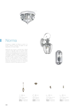 120 280 100 mm
max 1 x 40W E14
ø 260 200 mm
max 3 x 40W E14
004426 PL3 Brunito
094793 PL3 Cromo
125 280 105 mm
max 1 x 40W E14
004419 AP1 Big Brunito
100425 AP1 Big Cromo
092775 AP1 Small Brunito
094908 AP1 Small Cromo
ø 250 500/1150 mm
max 1 x 60W E27
005911 SP1 Big Brunito
094786 SP1 Big Cromo
358
Metal frame with chrome or bronzed finish. Diffuser
composef of clear glass sheets with grinded edges.
/ Monture en métal avec finition en chrome ou bruni.
Diffuseur composé par plaques en verre transparent avec
bord biseauté. / Gestell aus Metall in chrom oder brüniert.
Lichtverteiler bestehend aus Transparentglasplatten mit
geschliffenem Rand. / Armazòn en metal con acabado
en cromo o en latòn envejecido. Dfusor compuesto por
losas de vidrio transparente con bordes amolados. /
Арматура из металла с хромовым или коричневым
покрытием. Рассеиватель состоит из стеклянной
прозрачной пластины, края фацетной огранки
Montatura in metallo con finitura in cromo o in
brunito. Diffusore composto da lastre di vetro
trasparente con bordo molato.
Norma
Cromo
 