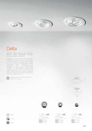 a 65 b 50 c 50 mm
max 1 x 1W LED / 90 Lm
a 85 b 65 c 40 mm
max 3 x 1W LED / 270 Lm
062389 FI1 Bianco
060941 FI1 Cromo
060958 FI1 Nickel
062396 FI3 Bianco
060910 FI3 Cromo
060927 FI3 Nickel
a 105 b 85 c 65 mm
max 5 x 1W LED / 450 Lm
062402 FI5 Bianco
060903 FI5 Cromo
060934 FI5 Nickel
a
b
c
15°
383
Round aluminum frame with different finishes. Adjustable
central lamp socket. Sold in boxes with 3 pieces inside.
/ Monture circulaire en aluminium avec plusieures
finitions. Élément central avec douille réglable. Vendable
conditionné par 3 pièces. / Rahmen rund in Alu in
verschiedenen Farben. Leuchtmittelhalter-Element
verstellbar. In 3-er Packung verkauft. / Armazón circular
en aluminio con varios acabados. Elemento central
portalámpara orientable. Vendido en confecciones de 3
piezas. / Круглая арматура из алюминия с разными
покрытиями. Центральный элемент вращающийся.
Доступен в упаковке по 3 штуки.
Montatura circolare in alluminio con varie finiture.
Elemento centrale portalampade orientabile.
Venduto in confezioni da 3 pezzi.
Delta
Sorgente luminosa LED a luce calda,
20.000 h di durata.
Cromo
Nickel
Bianco
 