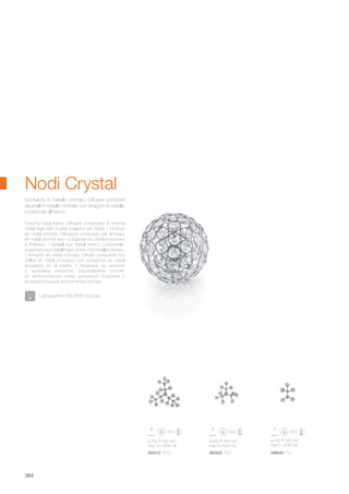 ø 450 320 mm
max 5 x 40W G9
ø 600 450 mm
max 9 x 40W G9
ø 750 450 mm
max 15 x 40W G9
098043 PL5093505 PL9093512 PL15
384
Nodi Crystal
Lampadine G9 28W incluse.
Chrome metal frame. Diffusers composed of chrome
metal rings with crystal octagons set inside. / Monture
en métal chromé. Diffuseurs composés par anneaux
en métal chromè avec octogones en cristal incorporés
à l'intérieur. / Gestell aus Metall chrom. Lichtverteiler
bestehend aus Metallringen chrom mit Kristallachtecken.
/ Armazòn en metal cromado. Difusor compuesto por
anillos en metal cromadoo con octogonos de cristal
encajados en el interior. / Арматура из металла
в хромовом покрытии. Рассеиватели состоят
из металлических колец хромового покрытия с
восьмиугольными хрусталиками внутри.
Montatura in metallo cromato. Diffusori composti
da anelli in metallo cromato con ottagoni di cristallo
incastonati all'interno.
 