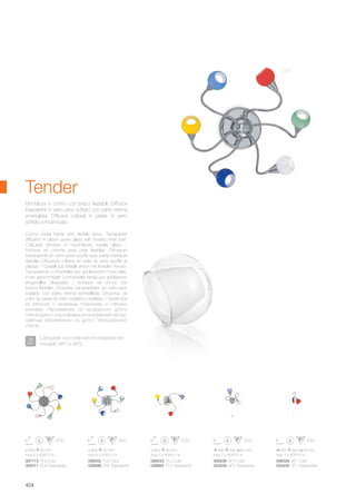 ø 800 90 mm
max 3 x 40W E14
006543 PL3 Color
028682 PL3 Trasparente
490 490 50 mm
max 2 x 40W E14
006536 AP2 Color
004228 AP2 Trasparente
ø 800 90 mm
max 8 x 40W E14
007113 PL8 Color
004211 PL8 Trasparente
ø 800 90 mm
max 6 x 40W E14
006550 PL6 Color
028699 PL6 Trasparente
450 450 50 mm
max 1 x 40W E14
006529 AP1 Color
004235 AP1 Trasparente
404
Montatura in cromo con bracci flessibili. Diffusori
trasparenti in vetro pirex soffiato con parte interna
smerigliata. Diffusori colorati in pasta di vetro
soffiato e incamiciato.
Crome metal frame with flexible arms. Transparent
diffusers in blown pyrex glass with frosted inner part.
Coloured diffusers in hand-blown overlay glass. /
Monture en chrome avec bras flexibles. Diffuseurs
transparents en verre pyrex soufflé avec partie intérieure
dépolie. Diffuseurs colorés en pâte de verre soufflé et
plaqué. / Gestell aus Metall chrom mit flexiblen Armen.
Transparente Lichtverteiler aus geblasenem Pyrex-Glas,
innen geschmirgelt. Lichtverteiler farbig aus geblasener
eingehüllter Glaspaste. / Armazón de cromo con
brazos flexibles. Difusores transparentes de vidrio pirex
soplado con parte interna esmerillada. Difusores de
color de pasta de vidrio soplado y doblado. / Арматура
из металла с хромовым покрытием и гибкими
рожками. Рассеиватель из прозрачного дутого
стекла pуrex с отшлифованной внутренней частью.
Цветные рассеиватели из дутого облицованного
стекла.
Lampade con interruttore integrato nei
modelli: AP1 e AP2.
Tender
Color
 