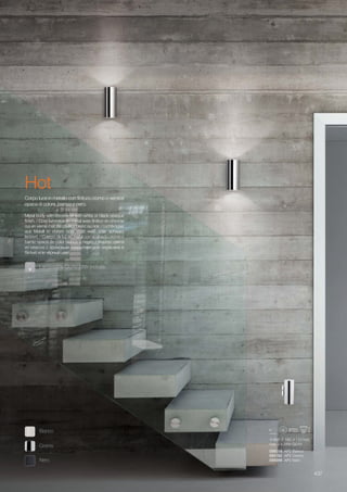 800 180 110 mm
max 2 x 28W GU10
096018 AP2 Bianco
094182 AP2 Cromo
095998 AP2 Nero
437
Hot
Lampadine GU10 28W incluse.
Corpo luce in metallo con finitura cromo o vernice
opaca di colore bianco o nero.
Metal body with chrome or with white or black opaque
finish. / Corp lumineux en métal avec finition en chrome
oui en vernis mat de couleur blanc ou noir. / Lichtkörper
aus Metall in chrom oder matt weiß oder schwarz
lackiert. / Cuerpo de luz en metal con acabado cromo o
barniz opaca de color blanco o negro. / Корпус света
из меалла с хромовым покрытием или окрашена в
белый или чёрный цвет.
Cromo
Bianco
Nero
 