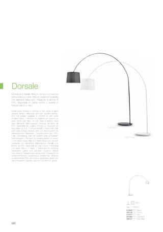max 1 x 75W E27
012605 PT1 Bianco
005126 PT1 Cromo
014371 PT1 Nero
091983 PT1 Total Black
095127 PT1 Total White
520
Metal frame finished in chrome or with white or black
opaque varnish. Telescopic arm with squared section.
PVC foil shades available in chrome or with white
or black fabric. / Monture en métal fini en chrome ou
avec vernis mat blanc et noir. Bras à section carré
avec éléments télescopiques. Abat-jour en lame de
PVC, disponible en couleur chrome ou recouvert en
tissu blanc ou noir. / Fuß aus Metall in chrom oder matt
weiß oder schwarz lackiert. Arm mit Viereckschnitt mit
teleskopischen Elementen. Lampenschirm aus PVC-
Folie, chromfarbig oder mit weißem oder schwarzem
Stoff bezogen. / Armazòn en metal acabado en cromo
o con barniz opaca blanca o negra. Brazo con secciòn
cuadrada con elementos telescòpicos. Pantalla con
làmina de PVC, disponible en color cromo o revestida
con tejido blanco o negro. / Арматура из металла
хромового цвета или матовой окраски; белой
или чёрной. Квадратный кронштейн в разрезе из
телескопических выдвижных элементов. Абажур
из материала ПВХ, доступен в хромовом цвете или
же в тканевой отделке, чёрного или белого цвета.
Montatura in metallo rifinito in cromo o con vernice
opaca bianca o nera. Braccio a sezione quadrata
con elementi telescopici. Paralume in lamina di
PVC, disponibile in colore cromo o rivestita in
tessuto bianco o nero.
Dorsale
Total Black
Total White
 