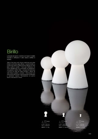 ø 300 545 mm
max 1 x 60W E27
000275 TL1 Big
ø 220 390 mm
max 1 x 60W E27
ø 175 300 mm
max 1 x 60W E27
000268 TL1 Small000251 TL1 Medium
559
Table or floor lamp with chrome metal body and white
frosted mouth blown glass diffuser. / Lampe de table ou
à poser avec base en métal chromé et diffuseur en verre
blanc soufflé et acidifié. / Tisch-oder Stehlampe mit
Chrom-Metallsockel und Lichtverteiler aus geblasenem
und geätztem weißem Glas. / Lámpara de sobremesa
o de pie con base de metal cromado y difusor de
vidrio blanco soplado y al ácido. / Настольный или
напольный светильник с металическим основанием
в хромовой отделке. Рассеиватель из дутого
белого окислённого стекла.  
Lampada da tavolo o da terra con base in metallo
cromato e diffusore in vetro bianco soffiato e
acidato.
Birillo
 