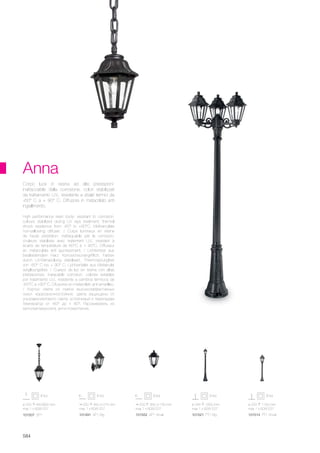 ø 220 450/800 mm
max 1 x 60W E27
101507 SP1
220 450 275 mm
max 1 x 60W E27
220 350 130 mm
max 1 x 60W E27
101491 AP1 Big 101552 AP1 Small
ø 245 1820 mm
max 1 x 60W E27
ø 220 1100 mm
max 1 x 60W E27
101521 PT1 Big 101514 PT1 Small
584
Anna
High performance resin body: resistant to corrosion,
colours stabilized during UV rays treatment, thermal
shock resistence from -60° to +90°C. Methacrylate
non-yellowing diffuser. / Corps lumineux en résine
de haute prestation: inattaquable par la corrosion,
couleurs stabilisés avec traitement U.V., resistant à
écarts de température de 60°C à + 90°C. Diffuseur
en métacrylate anti jaunissement. / Lichtkörper aus
bestleistendem Harz: Korrosionsunangrifflich, Farben
durch UV-Behandlung stabilisiert, Thermosprungfest
von -60° C bis + 90° C. Lichtverteiler aus Metakrylat
vergilbungsfest. / Cuerpo de luz en resina con altas
prestaciones: inatacable corrosion, colores estables
por tratamiento U.V., resistente a cambios tèrmicos de
-60°C a +90° C. Difusores en metacrilato anti amarilleo.
/ Корпус света из смеси высокоэффективных
смол: коррозионностойкий, цвета защищены от
ультравиолетового света, устойчивый к перепадам
температур от -60° до + 90°. Рассеиватель из
метилметакрилата, анти-пожелтение.
Corpo luce in resina ad alte prestazioni:
inattaccabile dalla corrosione, colori stabilizzati
da trattamento U.V., resistente a sbalzi termici da
-60° C a + 90° C. Diffusore in metacrilato anti
ingiallimento.
 