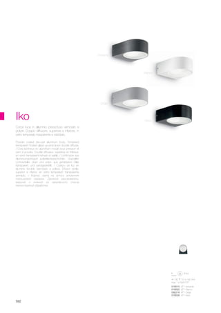140 70 190 mm
max 1 x 60W E27
018515 AP1 Antracite
018522 AP1 Bianco
092218 AP1 Grigio
018539 AP1 Nero
592
Iko
Powder coated die-cast aluminum body. Tempered
transparent frosted glass up-and-down double diffuser.
/ Corp lumineux en aluminium moulé sous pression et
verni à poudre. Double diffuseur, supérieur et inférieur,
en verre transparent trempé et sablé. / Lichtkörper aus
Aluminiumspritzguß pulverlackbeschichtet. Doppelter
Lichtverteiler, oben und unten, aus gehärtetem Glas
transparent und sandgestrahlt. / Cuerpo de luz en
aluminio fundido barnizado a polvos. Difusor doble,
superior e inferior, en vidrio temperado transparente
arenado. / Корпус света из литого алюминия
порошковой окраски. Двойной рассеиватель;
верхний и нижний из закалённого стекла
пескоструйной обработки.
Corpo luce in alluminio pressofuso verniciato a
polveri. Doppio diffusore, superiore e inferiore, in
vetro temperato trasparente e sabbiato.
Antracite
Grigio
Bianco
Nero
 