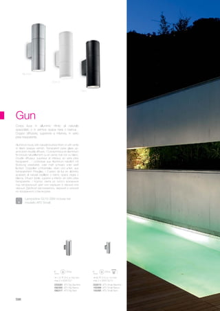 110 310 150 mm
max 2 x 60W E27
033020 AP2 Big Alluminio
092300 AP2 Big Bianco
092317 AP2 Big Nero
65 210 110 mm
max 2 x 35W GU10
033013 AP2 Small Alluminio
100388 AP2 Small Bianco
100395 AP2 Small Nero
598
Aluminium body with natural brushed finish or with white
or black opaque varnish. Transparent pyrex glass up-
and-down double diffuser. / Corp lumineux en aluminium
fini brossé naturellement ou en vernis mat noir ou blanc.
Double diffuseur, supérieur et inférieur, en verre pirex
transparent . / Lichkörper aus Aluminium natürlich mit
Bürstung verarbeitet, oder matt schwarz oder weiß
lackiert. Doppelter Lichtverteiler, oben und unten, aus
transparentem Pirexglas. / Cuerpo de luz en aluminio
acabado al natural cepillado o barniz opaca negra o
blanca. Difusor doble, superior e inferior, en vidrio pirex
transparente. / Корпус света из литого алюминия
под натуральный цвет или окрашен в чёрный или
чёрный. Двойной рассеиватель, верхний и нижний
из прозрачного стекла pyrex.
Corpo luce in alluminio rifinito al naturale
spazzolato o in vernice opaca nera o bianca .
Doppio diffusore, superiore e inferiore, in vetro
pirex trasparente.
Gun
Lampadine GU10 28W incluse nel
modello AP2 Small.
Bianco
Alluminio
Nero
 