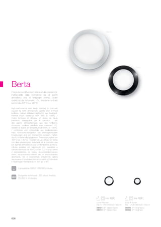 ø 200 70 mm
max 1 x 10W GX53/LED / 900 Lm
ø 275 80 mm
max 1 x 11W GX53/LED / 900 Lm
096445 AP1 Small Bianco
096438 AP1 Small Nero
096421 AP1 Medium Bianco
096414 AP1 Medium Nero
608
Berta
High performance resin body: resistant to corrosion
caused by both atmospheric agents and chimical
fertilizers, colours stabilized during UV rays treatment,
thermal shock resistence from -60° to +90°C. /
Corps lumineux et diffuseur en résine de haute
prestation: inattaquable par la corrosion, soit
des agents atmosphériques que des fertilisants
chimiques, couleurs stabilisés avec traitement U.V.,
resistant à écarts de température de 60°C à + 90°C.
/ Lichtkörper und Lichtverteiler aus bestleistendem
Harz: Korrosionsunangrifflich von athmosphärischen
Einwirkungen und von chemischen Düngern, Farben
durch UV-Behandlung stabilisiert, Thermosprungfest von
-60° C bis + 90° C. / Cuerpo de luz y difusor en resina
con altas prestaciones: inatacable en la corrosiòn sea
por agentes atmosfèricos que por fertilizantes quimicos;
colores estables por tratamiento U.V., resistente a
cambios tèrmicos de -60°C a +90° C. / Корпус света
и рассеиватель из смеси высокоэффективных
смол: коррозионностойкий как от атмосферных
факторов, так и химических элементов, цвета
защищены от ультравиолетового света, устойчивый
к перепадам температур от -60° до + 90°.
Corpo luce e diffusore in resina ad alte prestazioni:
inattaccabile dalla corrosione sia di agenti
atmosferici che di fertilizzanti chimici, colori
stabilizzati da trattamento U.V., resistente a sbalzi
termici da -60° C a + 90° C.
Sorgente luminosa LED a luce fredda,
25.000 h di durata.
Lampadine GX53 11W/3W incluse.
Bianco
Nero
 