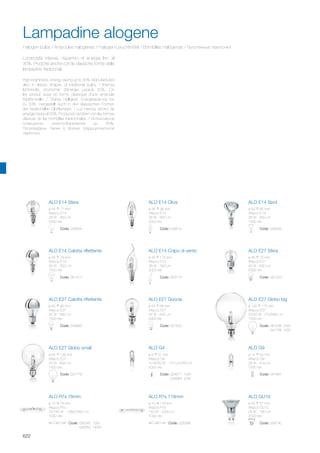 ALO E14 Sfera
ø 45 77 mm
Attacco E14
28 W - 350 Lm
2000 ore
Code: 039534
ALO E14 Oliva
ø 35 96 mm
Attacco E14
28 W - 350 Lm
2000 ore
Code: 039510
ALO E14 Calotta riflettente
ø 45 79 mm
Attacco E14
28 W - 300 Lm
1500 ore
Code: 061917
Code: 059426
ALO E14 Spot
ø 50 85 mm
Attacco E14
28 W - 300 Lm
1500 ore
ALO E14 Colpo di vento
ø 35 116 mm
Attacco E14
28 W - 350 Lm
2000 ore
Code: 053714
ALO E27 Sfera
ø 45 70 mm
Attacco E27
42 W - 630 Lm
2000 ore
Code: 061023
ALO E27 Goccia
ø 55 98 mm
Attacco E27
42 W - 630 Lm
2000 ore
Code: 057620
ALO E27 Calotta riflettente
ø 60 96 mm
Attacco E27
42 W - 580 Lm
1500 ore
Code: 039893
ALO E27 Globo big
ALO E27 Globo small
ø 120 175 mm
Attacco E27
20/42 W - 270/580 Lm
1500 ore
ø 95 136 mm
Attacco E27
42 W - 600 Lm
1500 ore
Code: 081038 20W
041766 42W
Code: 007779 Code: 024677 10W
024684 20W
ALO G4
ø 9 31 mm
Attacco G4
10 W/20 W - 170 Lm/340 Lm
2000 ore
ALO G9
ø 14 40 mm
Attacco G9
28 W - 410 Lm
1500 ore
Code: 047881
ALO R7s 78mm
ø 10 78 mm
Attacco R7s
70/140 W - 1380/2300 Lm
1000 ore
Code: 026343 70W
026350 140W
ALO R7s 118mm
ø 10 118 mm
Attacco R7s
120 W - 2300 Lm
1000 ore
Code: 026398
ALO GU10
ø 50 57 mm
Attacco GU10
28 W - 190 Lm
2000 ore
Code: 058740
622
Luminosità intensa, risparmio di energia fino al
30%. Prodotte anche con le classiche forme delle
lampadine tradizionali.
High brightness, energy saving up to 30%. Manufactured
also in classic shapes of traditional bulbs. / Intense
luminosité, économie d’énergie jusqu’à 30%. On
les produit aussi en forme classique d’une ampoule
traditionnelle. / Starke Helligkeit, Energiesparung bis
zu 30%. Hergestellt auch in den klassischen Formen
der traditionellen Glühlampen. / Luz intensa, ahorro de
energia hasta el 30%. Producido tambièn con las formas
clásicas de las bombillas tradicionales. / Интенсивное
освещение, энергосбережение до 30%.
Произведены также в форме традициональной
лампочки.
Halogen bulbs / Ampoules halogènes / Halogen-Leuchtmittel / Bombillas Halògenas / Галогенные лампочки
Lampadine alogene
 
