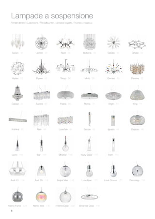 8
Clown 32
Vortex 52
Caesar 64
Calypso 96
Cono 104
Audi 10 114 Audi 20 116
Roma 70 Virgin 72 King 74
Elysee 54 Tokyo 56 Mido 58
Lemon 34
Pendant lamps / Suspensions / Pendelleuchten / Lámpara colgante / Люстры и подвесы
Lampade a sospensione
Nodi 36 Bollicine 38 Corallo 40 Orbital 42
Garden 60 Pavone 62
Aurora 66 Pashà 68
Admiral 82 Rain 88 Love Me 90 Gocce 92 Iguazù 94
Bar 106 Minimal 108 Kuky Clear 110 Flam 112
Mapa Max 118 Luce Max 120 Luce Cromo 122 Discovery 124
Nemo Fumè 128 Nemo Iride 130 Nemo Clear 132 Smarties Clear 134
 